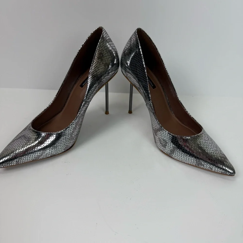 BCBGMAXAZRIA Marain Metallic Leather Metal Heel Graphite Snake Stiletto Size 9 - Picture 12 of 13
